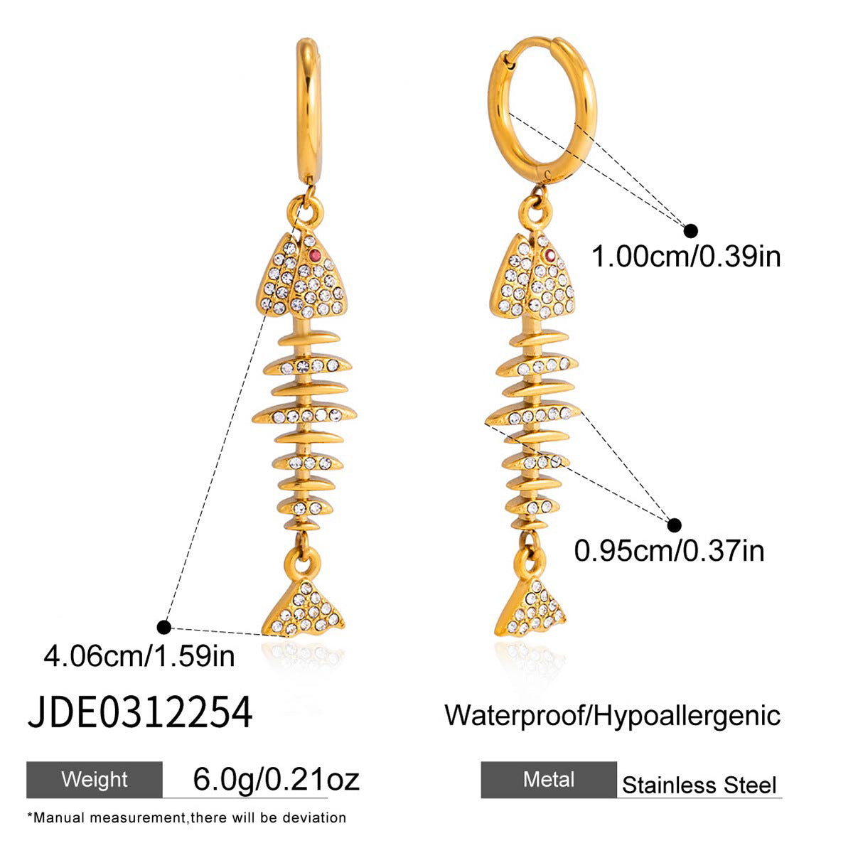 Fish drop hoop earrings with dimensions