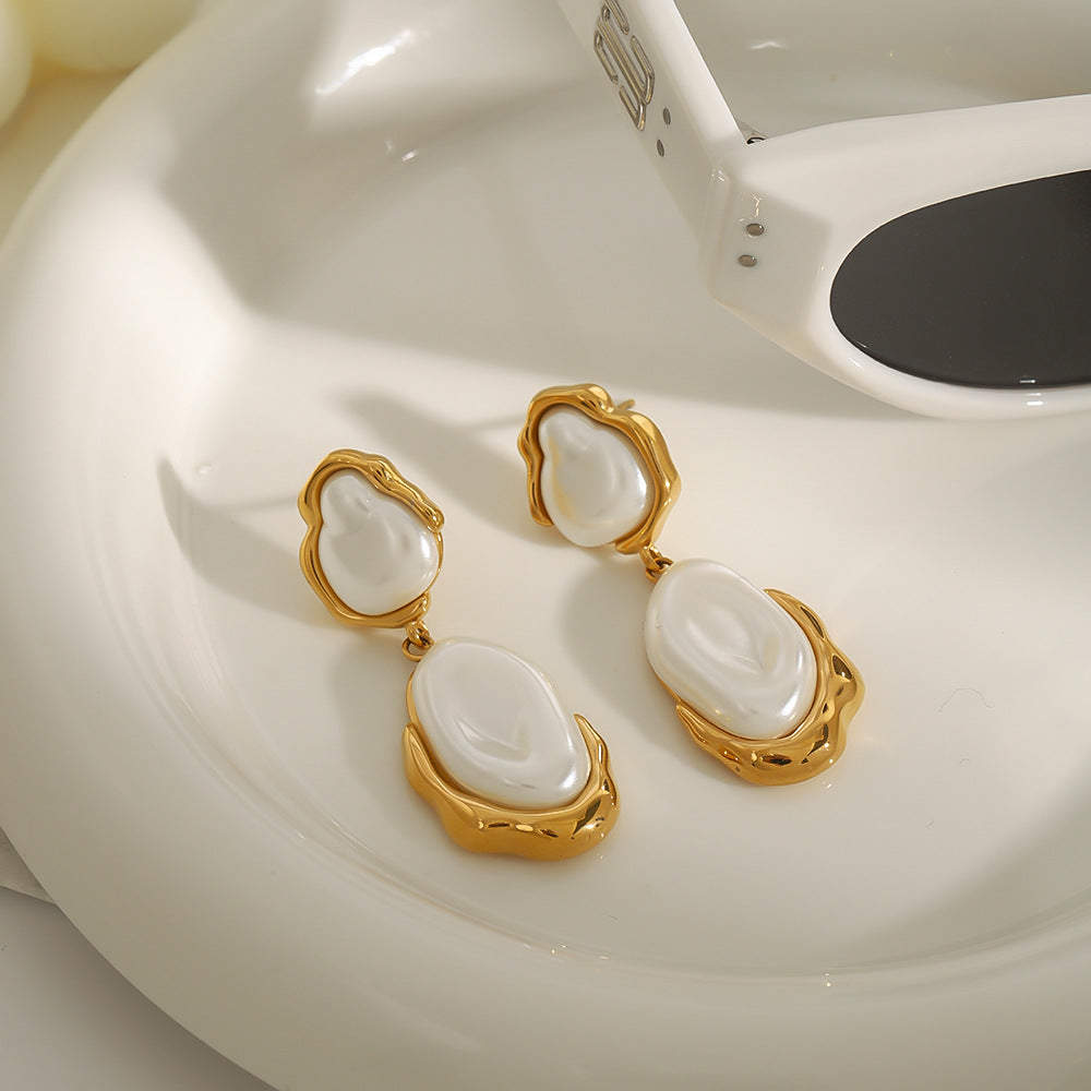 Gold-Tone Pearl-Look Stainless Steel Drop Earrings – product view 3