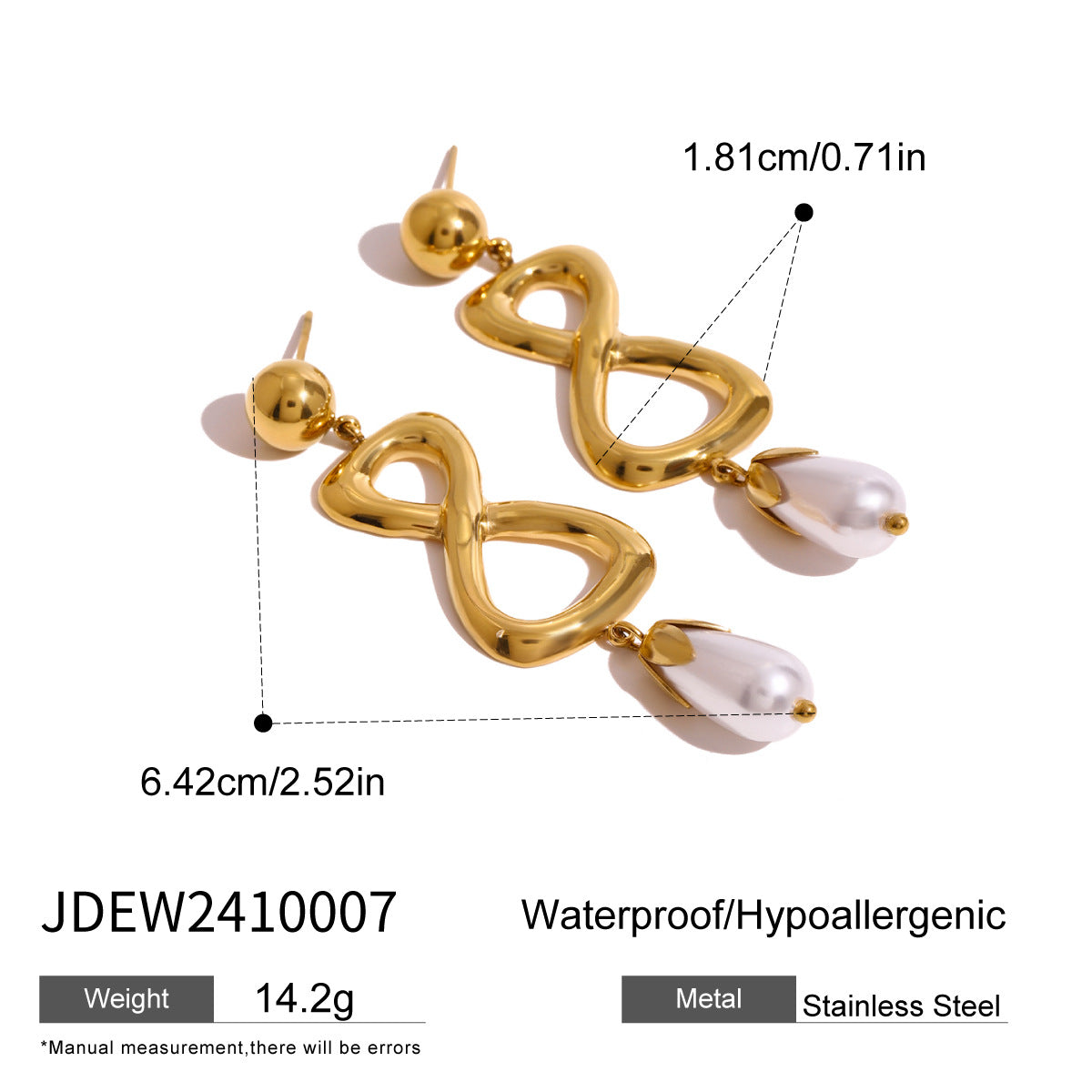 Gold-Tone Pearl-Look Infinity Stainless Steel Drop Earrings size and proportion reference