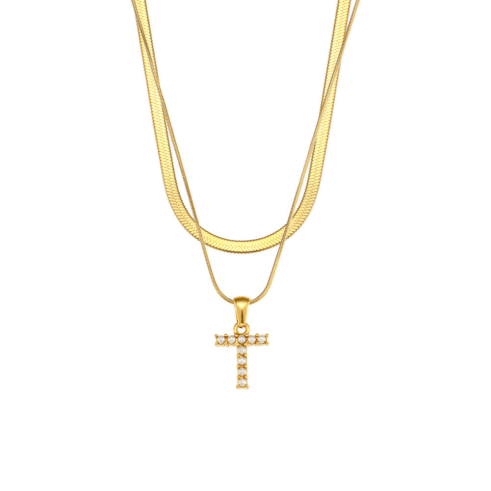 Imitation pearl letter T pendant on layered stainless steel chains