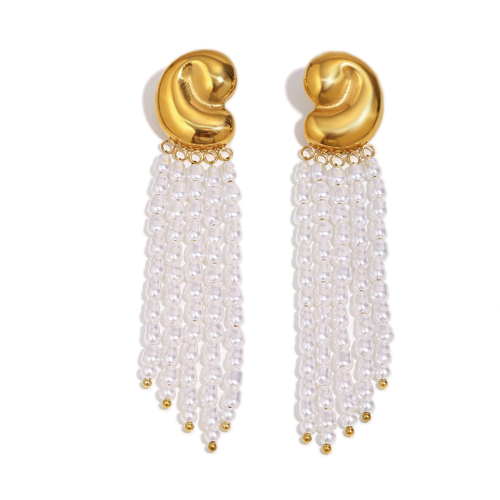 isolated front view of gold plated imitation pearl tassel earrings