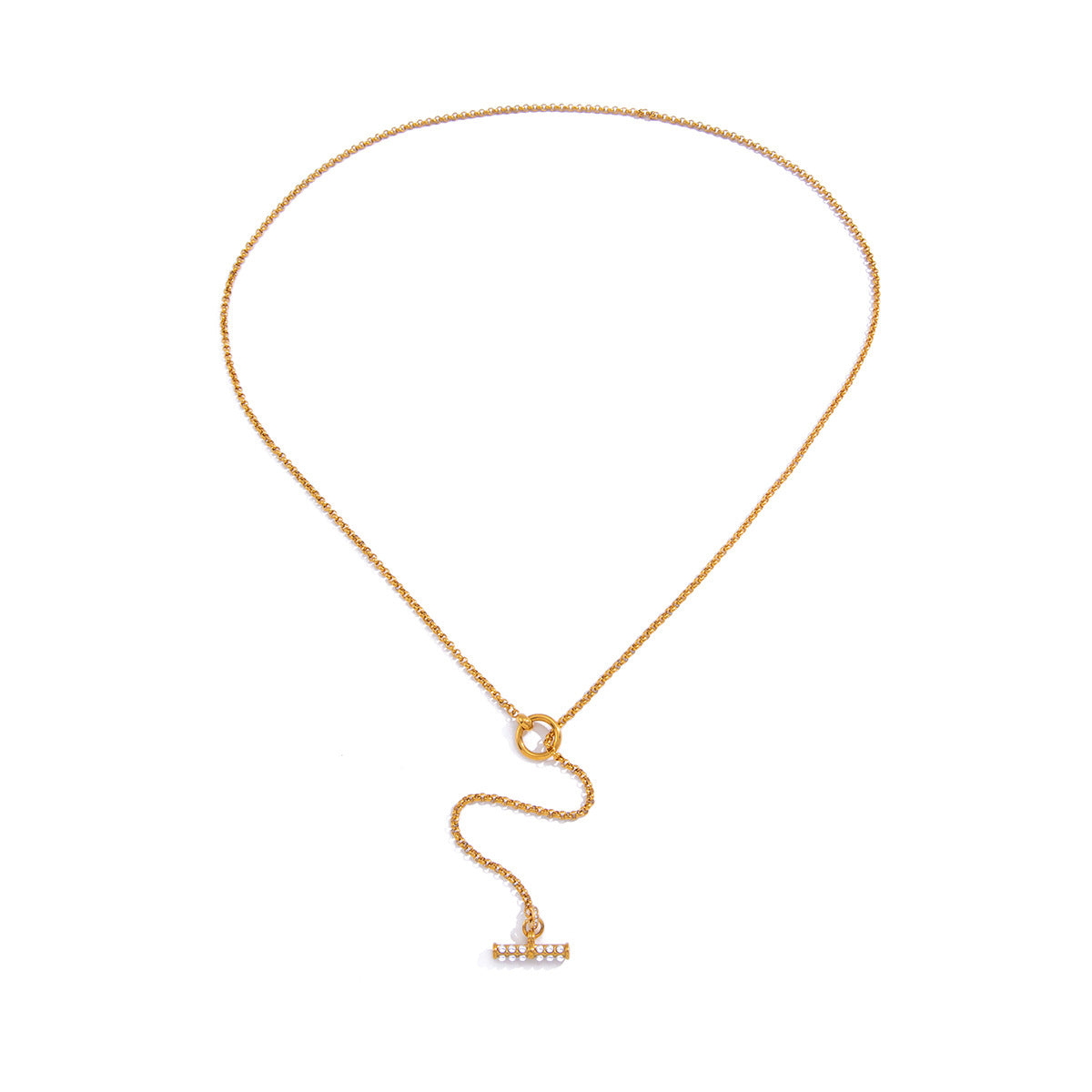 Fine chain lariat laid on white