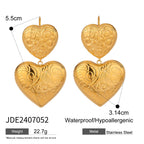 Gold-Tone Embossed Double Heart Stainless Steel Drop Earrings size and proportion reference