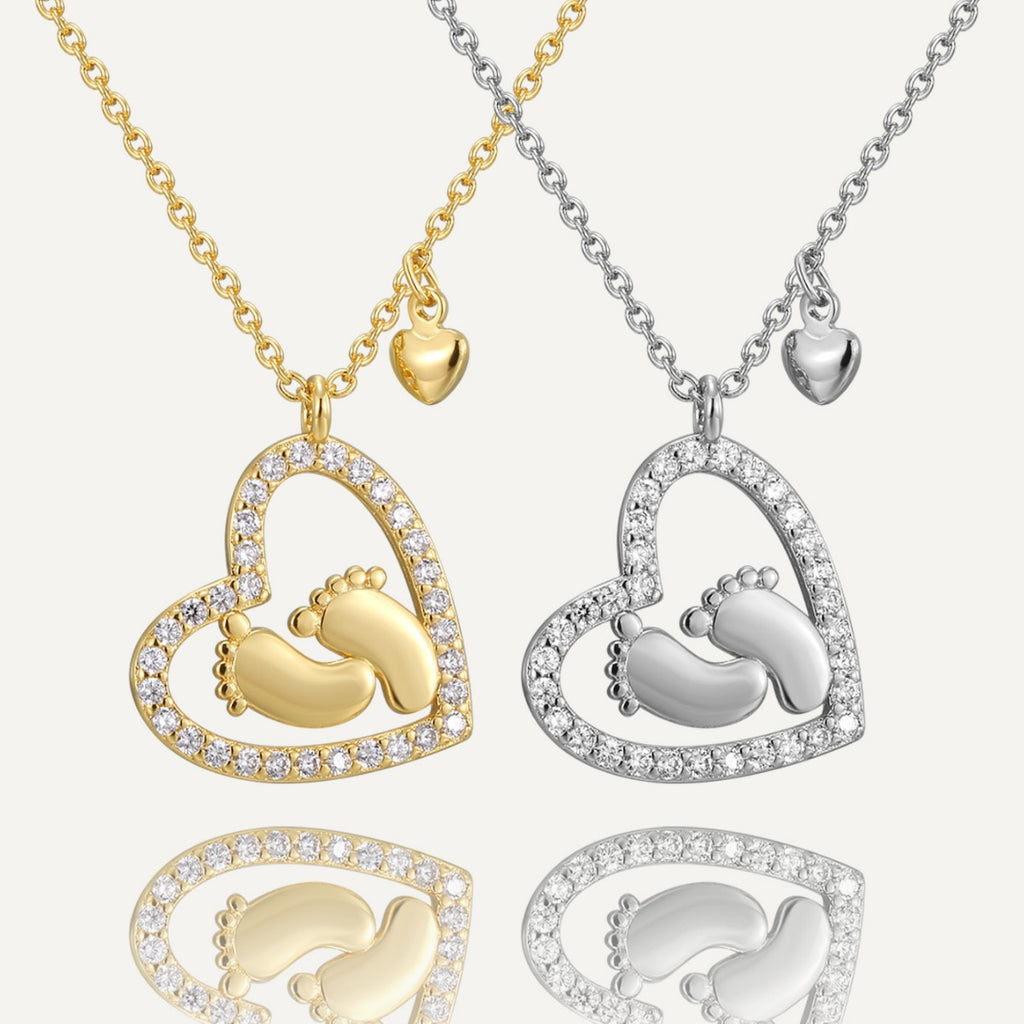 gold plated and silver-finish brass baby footprint heart necklaces