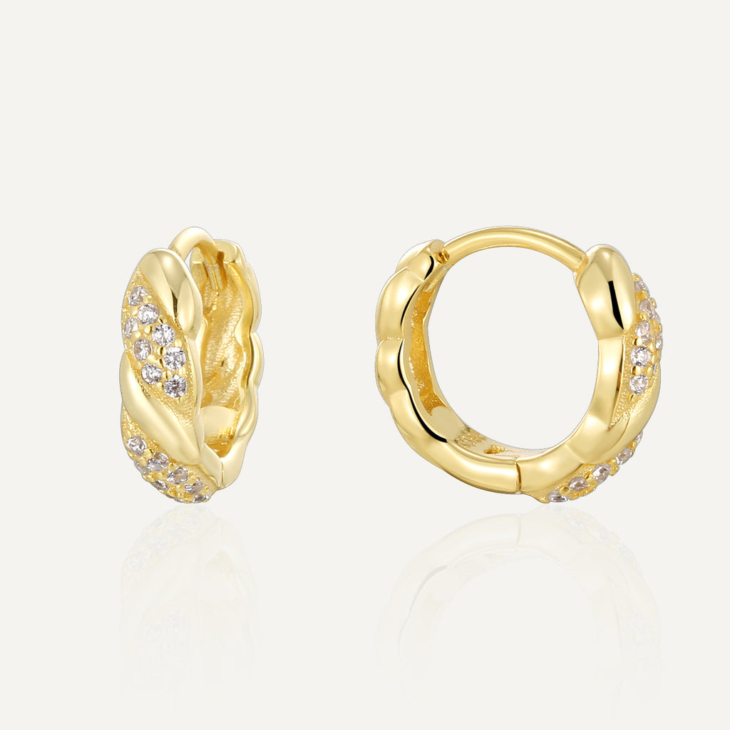 gold plated 925 sterling silver twisted pavé huggie hoop earrings — product image 1 of 9