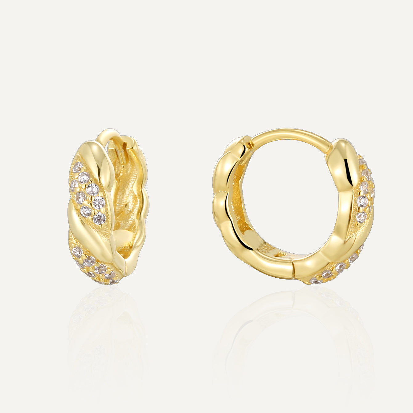 gold plated 925 sterling silver twisted pavé huggie hoop earrings — product image 1 of 9