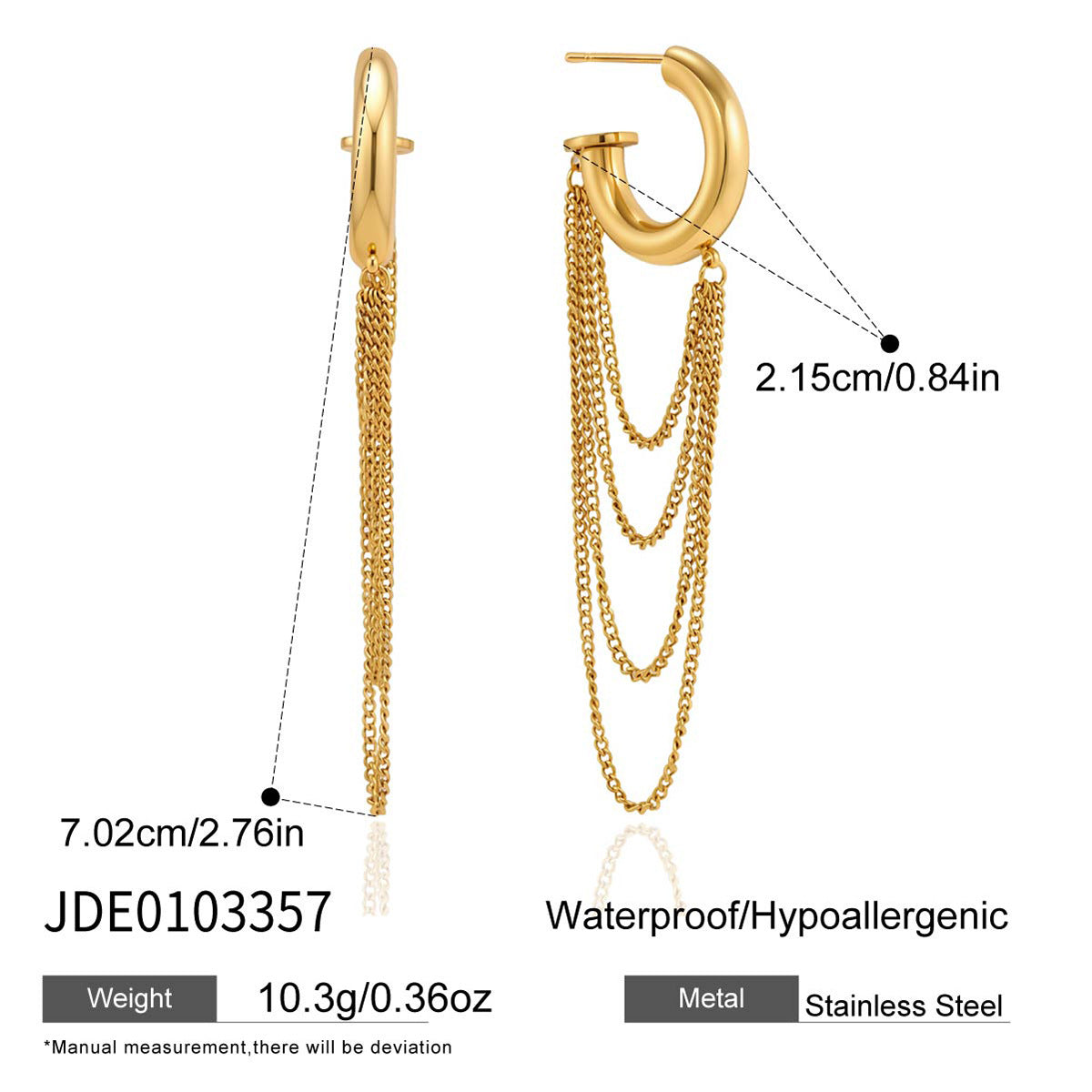 Draped chain hoop earring dimensions and material chart