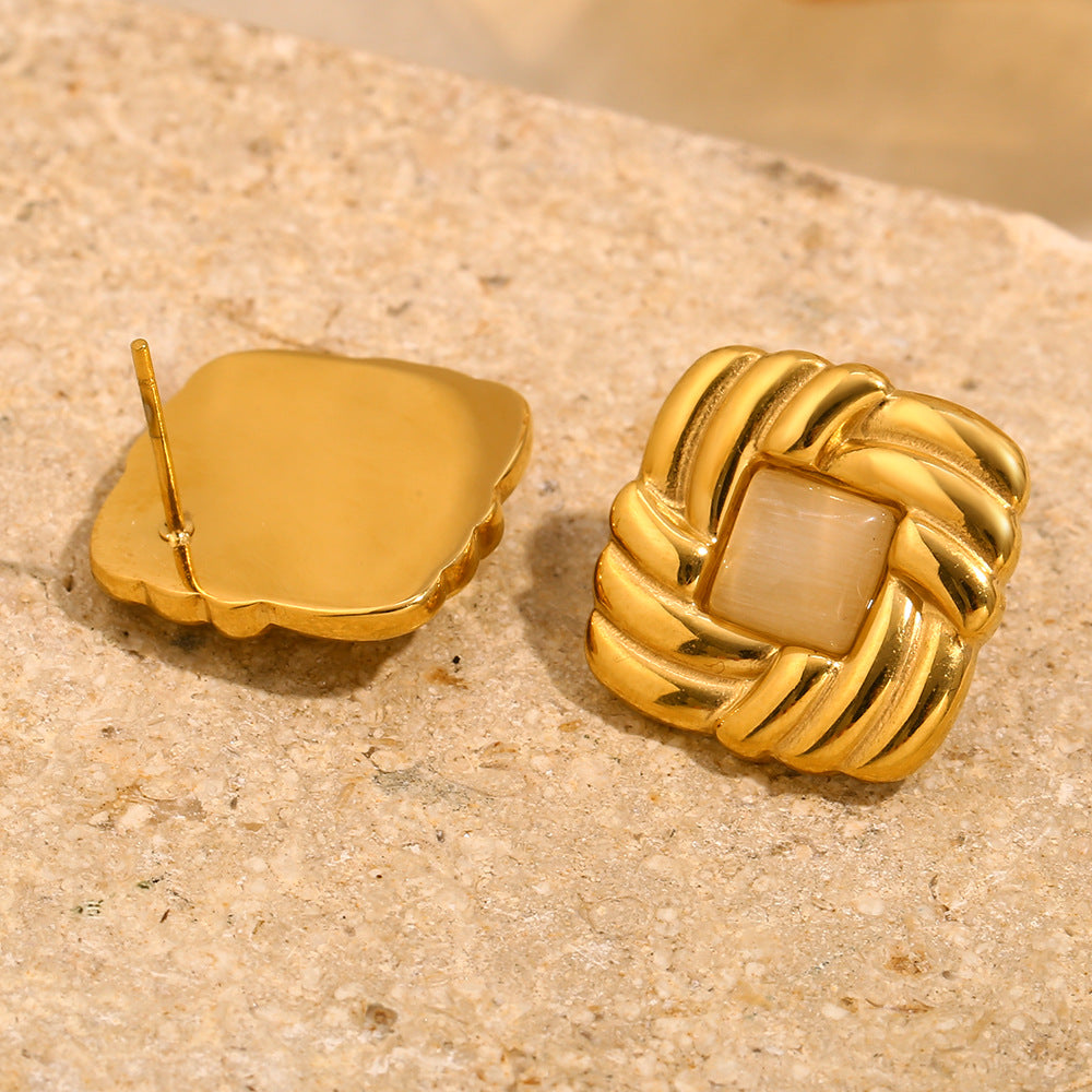front and post-back view of woven gold plated square studs