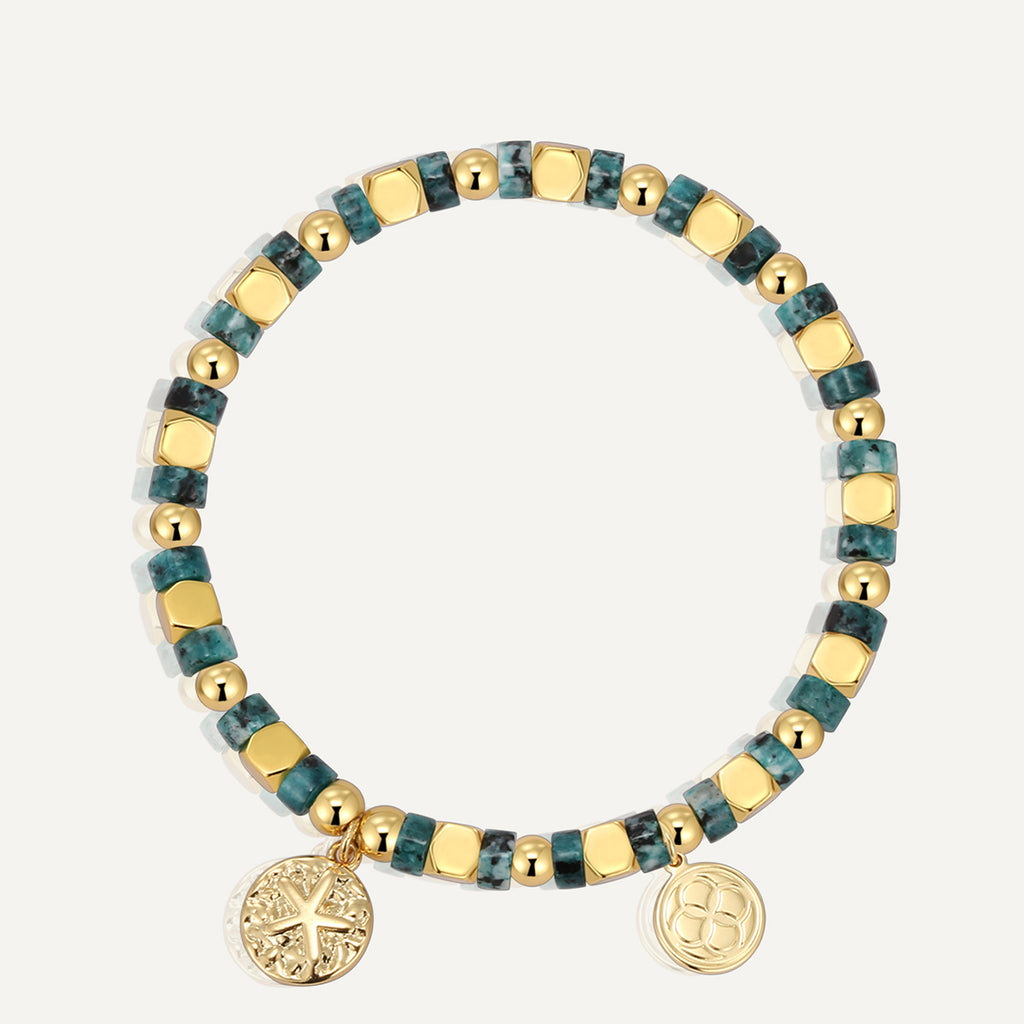 gold plated starfish medallion bracelet with mottled turquoise-color beads