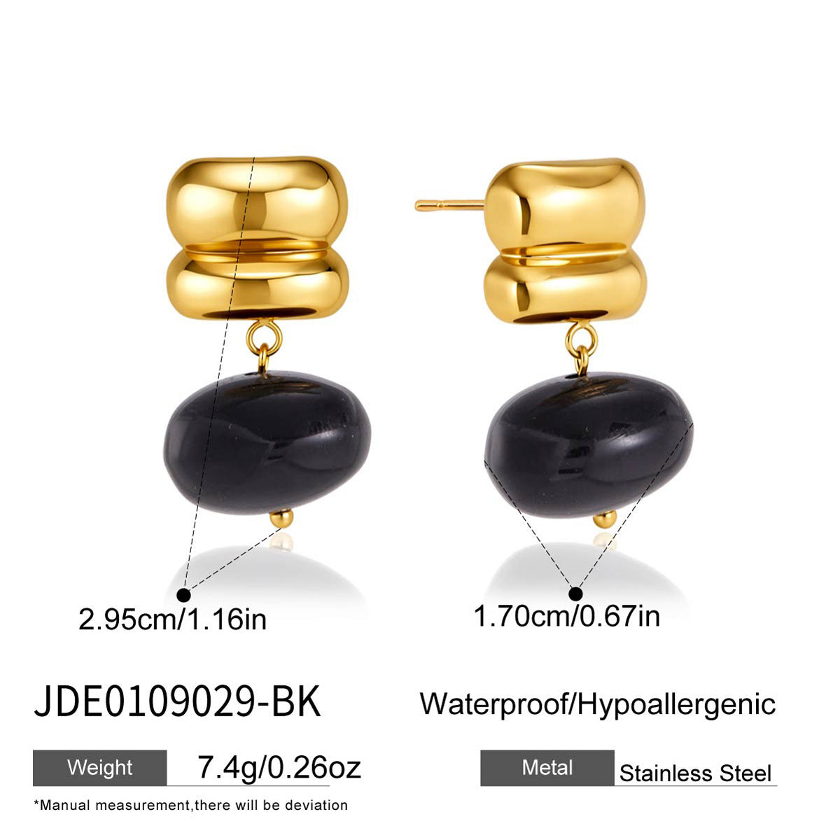 Black oval resin bead earrings with size chart