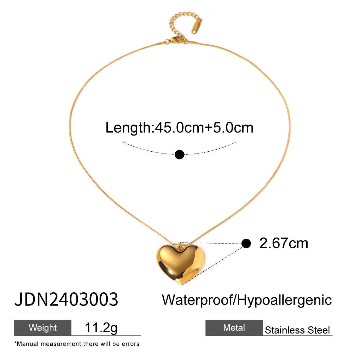 Gold-tone heart necklace with pendant and chain measurements