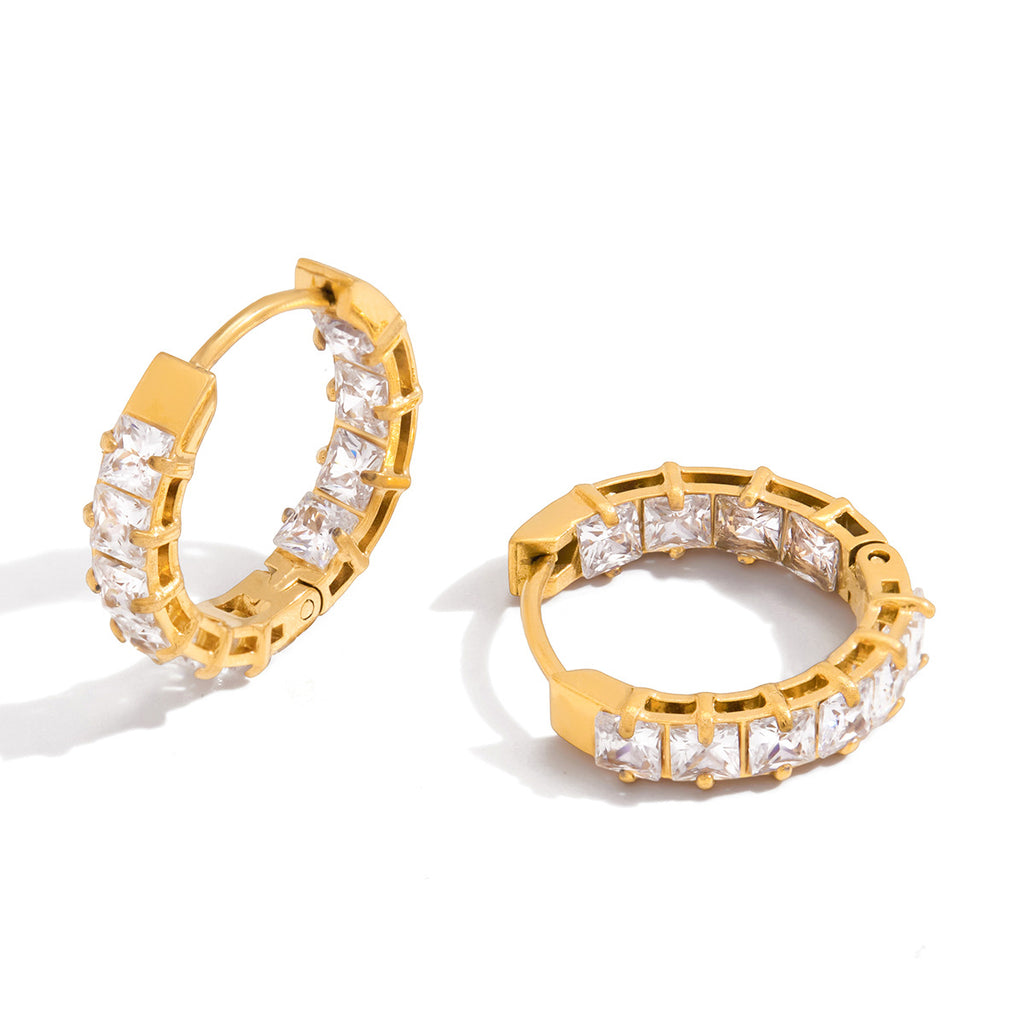 gold plated stainless steel huggies with square clear stones