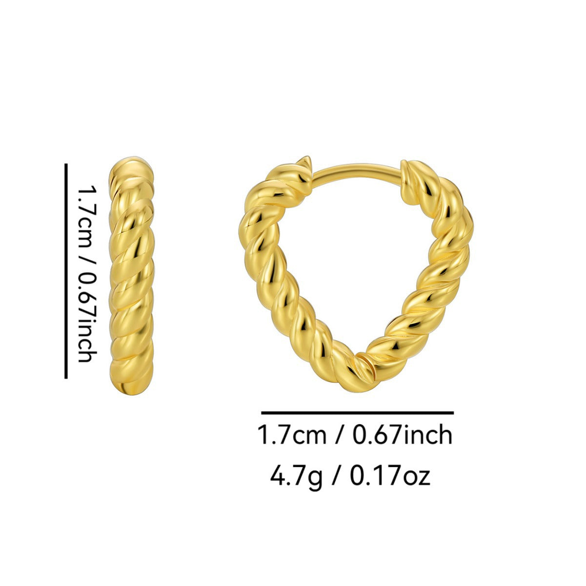 twisted heart hoop earrings with 1.7 cm dimensions and weight