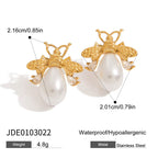 Gold-Tone Bee Pearl-Look Stainless Steel Stud Earrings – detail view