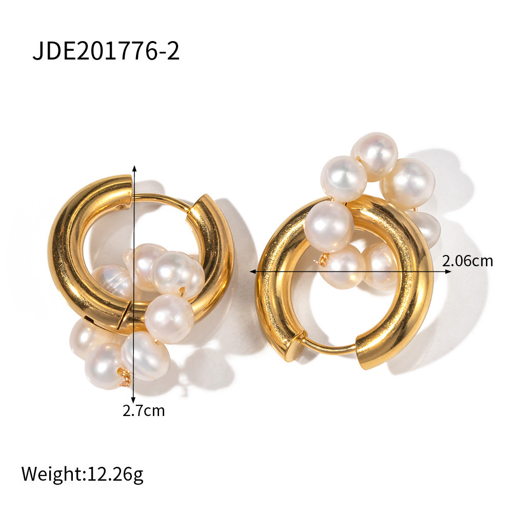Matching gold-tone pearl-decorated hoops with dimensions