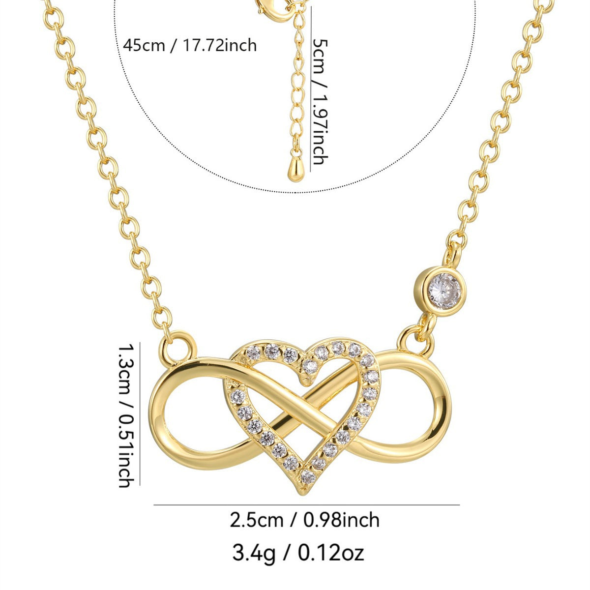 gold plated infinity heart necklace dimensions and supplier-listed chain length