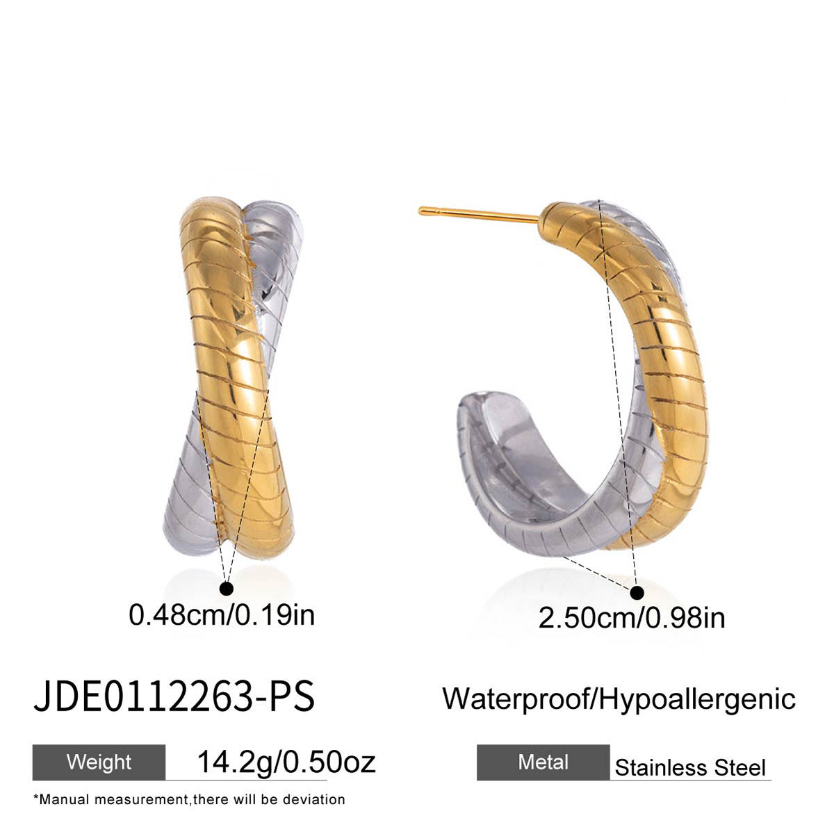 Ribbed two-tone stainless steel hoop earrings with diameter and width