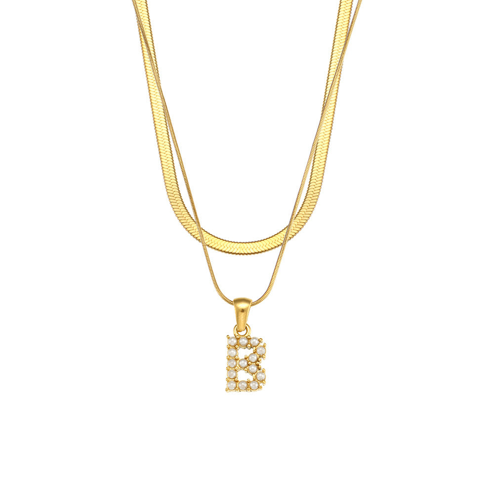 Imitation pearl letter B pendant on layered stainless steel chains