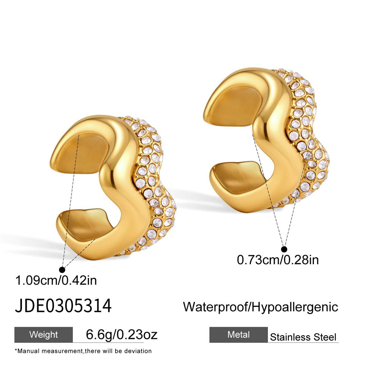 Wavy open ear cuff with clear accents and measurements