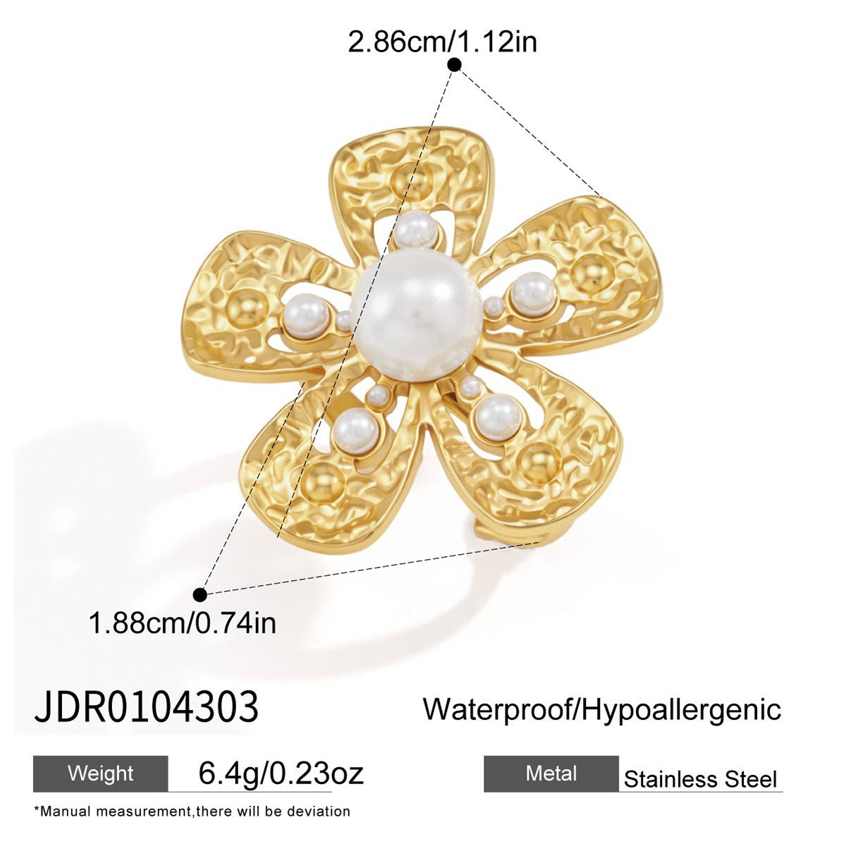 Textured flower ring with white bead center and open band