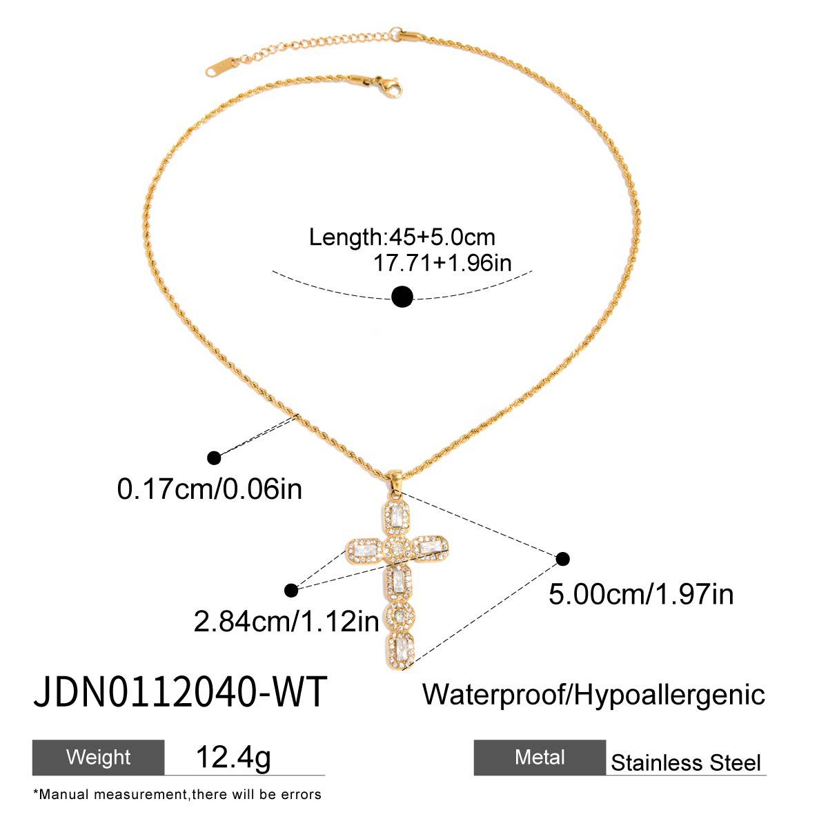Fine-chain necklace with a clear accent cross and size diagram