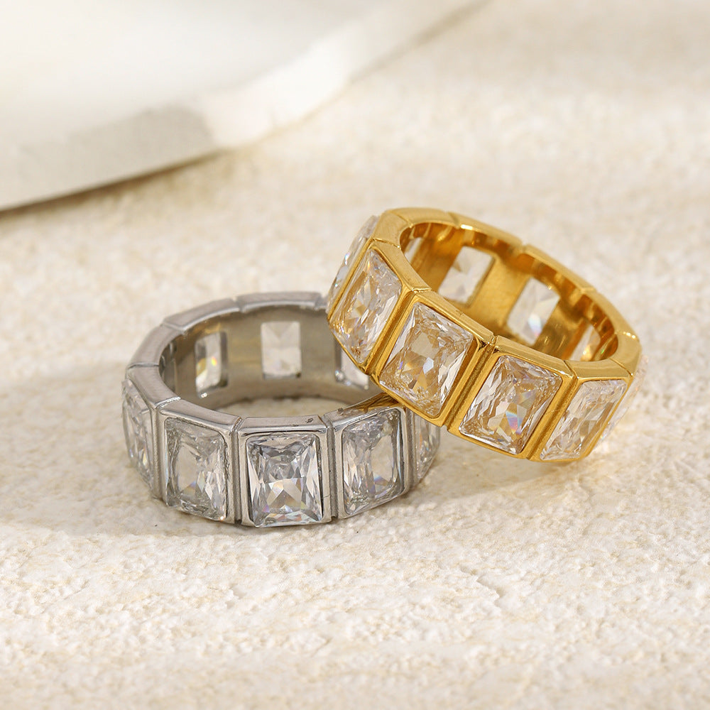 gold plated and silver-finish square clear stone eternity rings