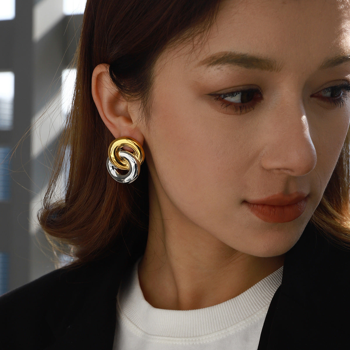 Two-Tone Stainless Steel Earrings and Lariat Necklace Collection — front view