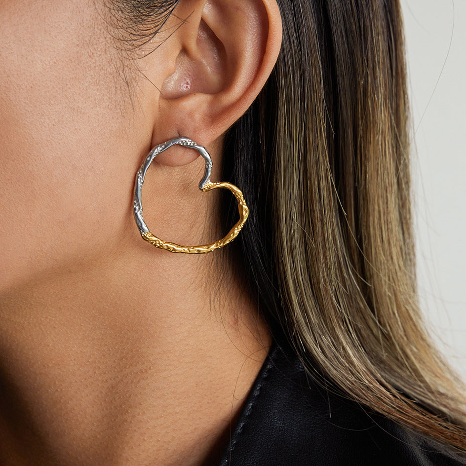 Mixed-Finish Open Heart Stainless Steel Hoop Earrings styled product view