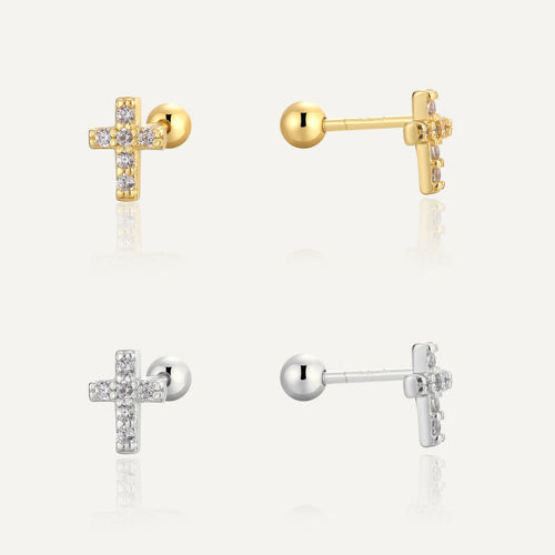 925 sterling silver pave cross ball-back stud earrings