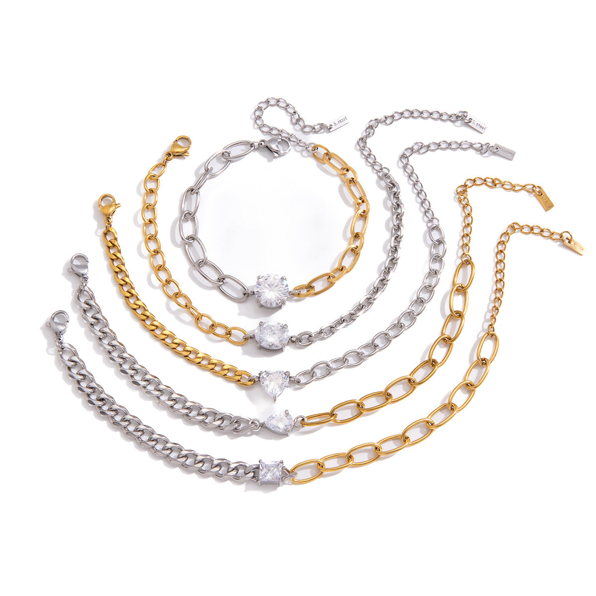 Five two-tone bracelets on white
