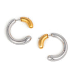 front view of gold plated and two-tone stainless steel open hoop earrings