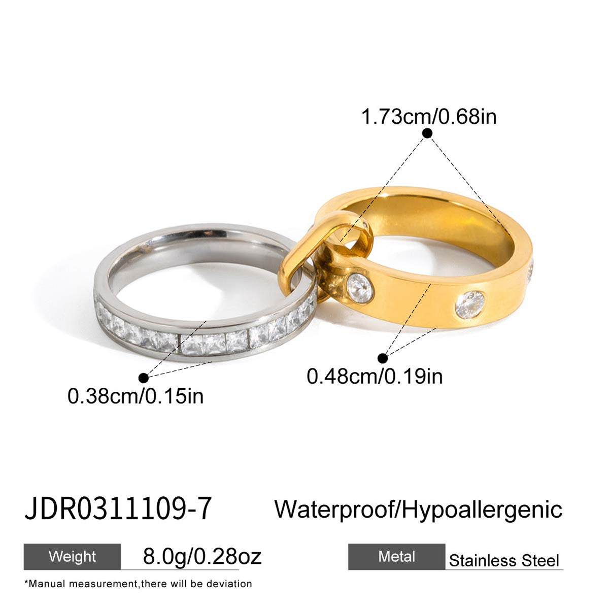 Gold-tone and silver-tone bands joined by a small loop