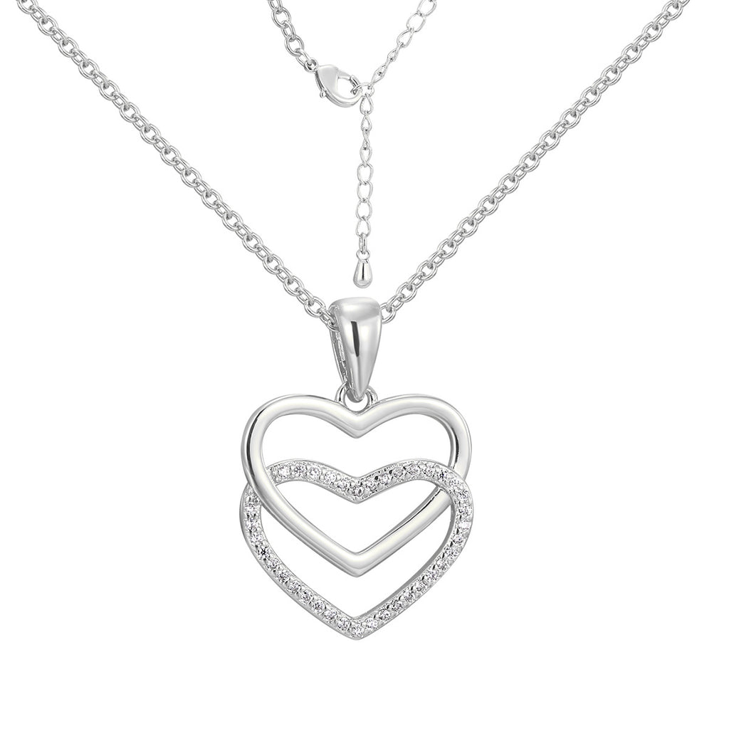 isolated silver-finish brass double heart pendant necklace
