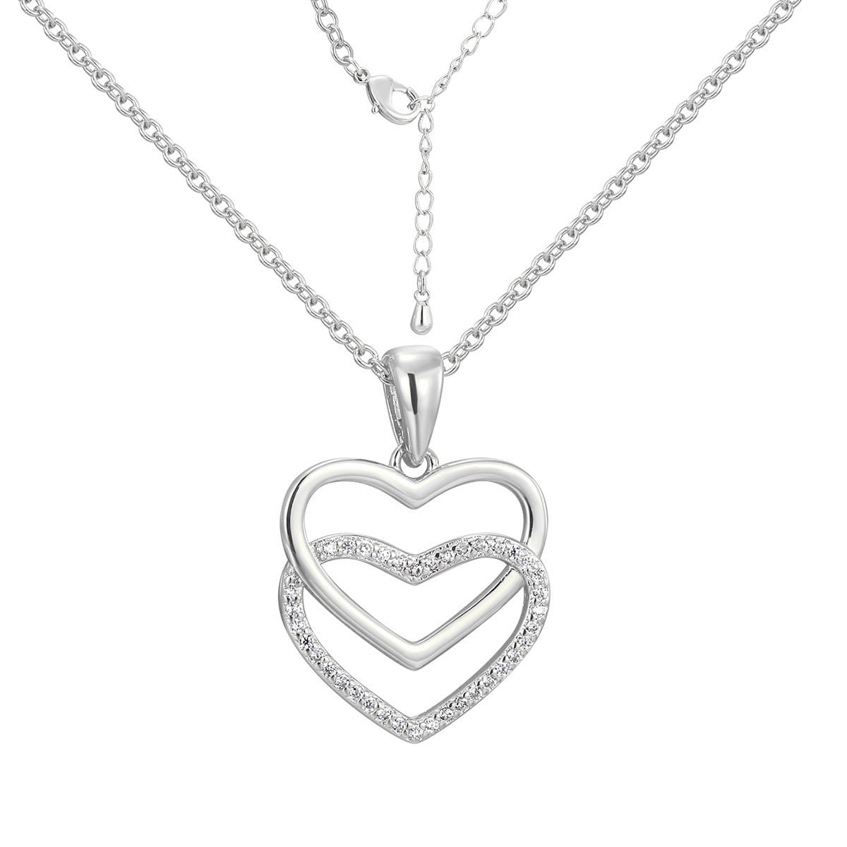 isolated silver-finish brass double heart pendant necklace