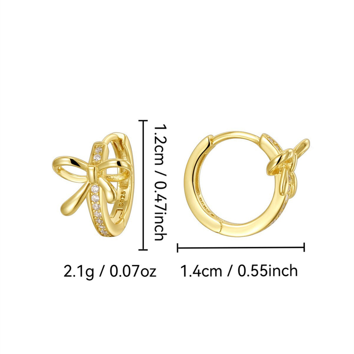 925 Sterling Silver Bow Zirconia Huggie Hoop Earrings — 12 by 14 mm dimension chart