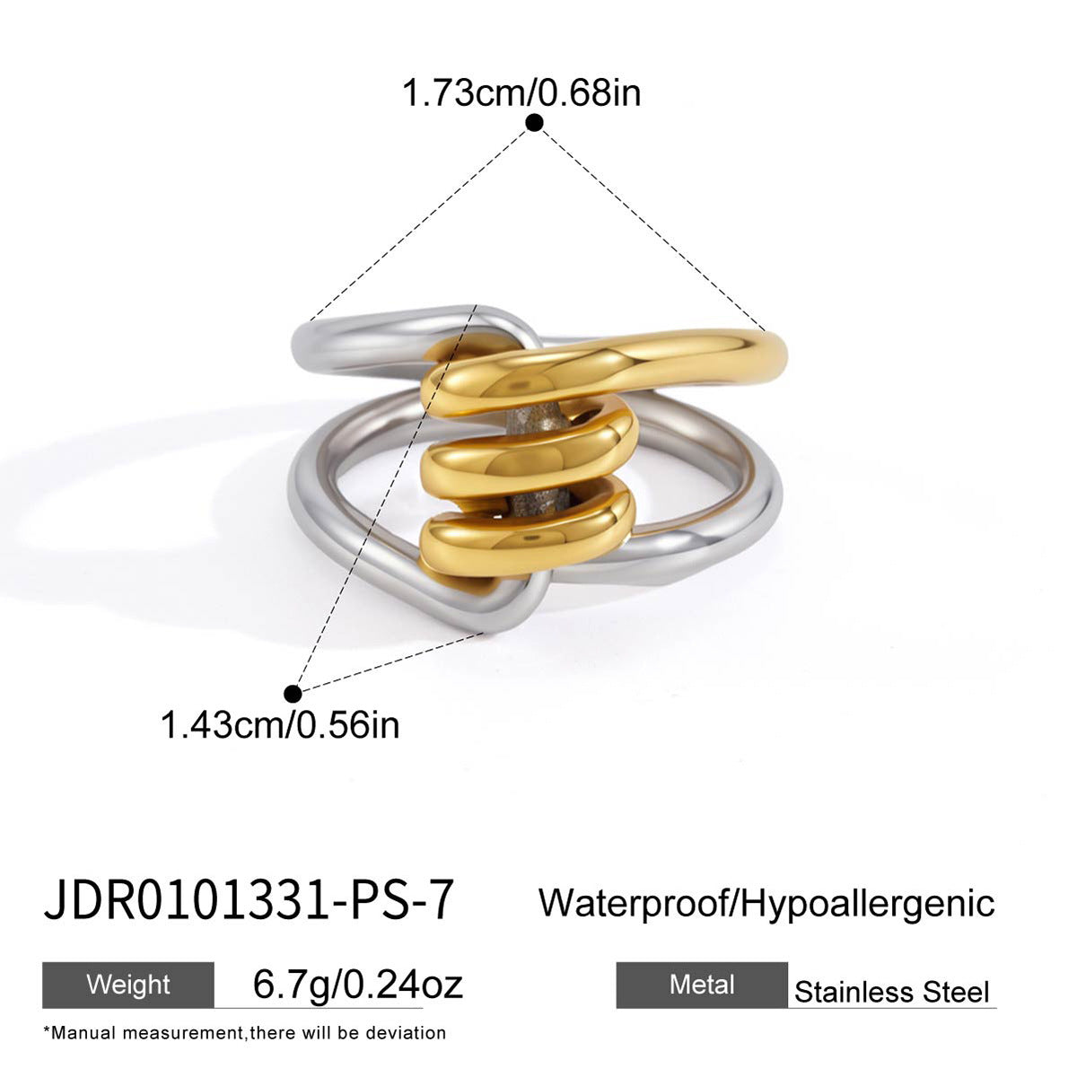 Interlinked stainless steel ring with supplier size diagram