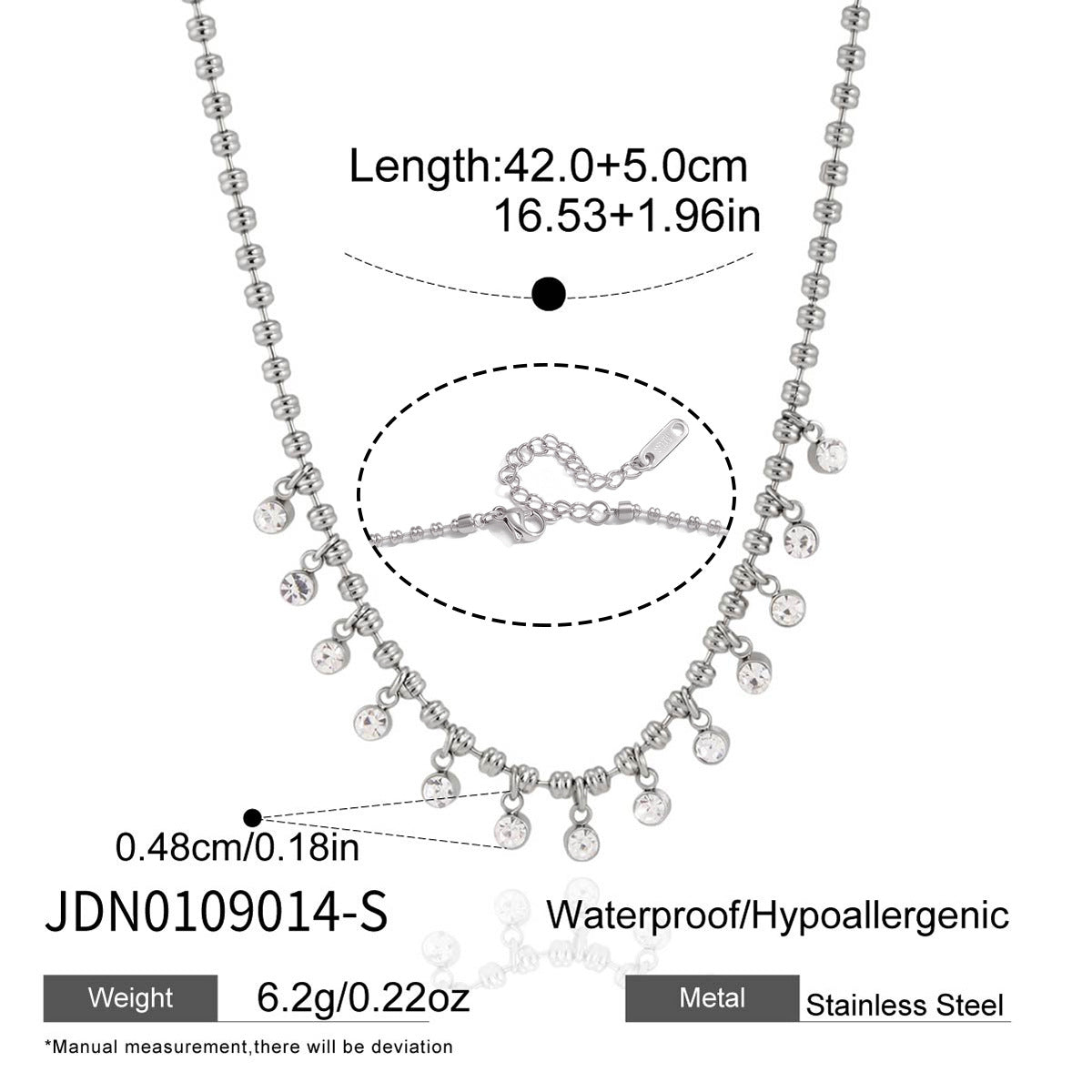 Steel color round-drop necklace length chart