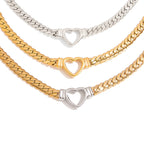 Heart Centerpiece Stainless Steel Curb Chain Necklaces — close-up of the heart centerpiece