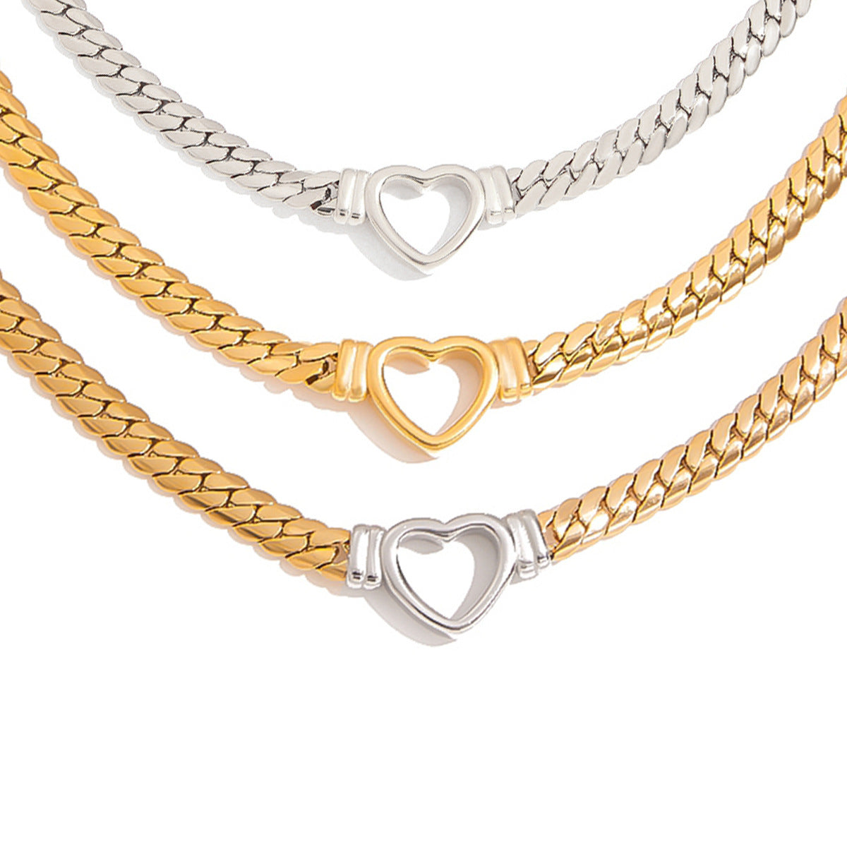 Heart Centerpiece Stainless Steel Curb Chain Necklaces — close-up of the heart centerpiece