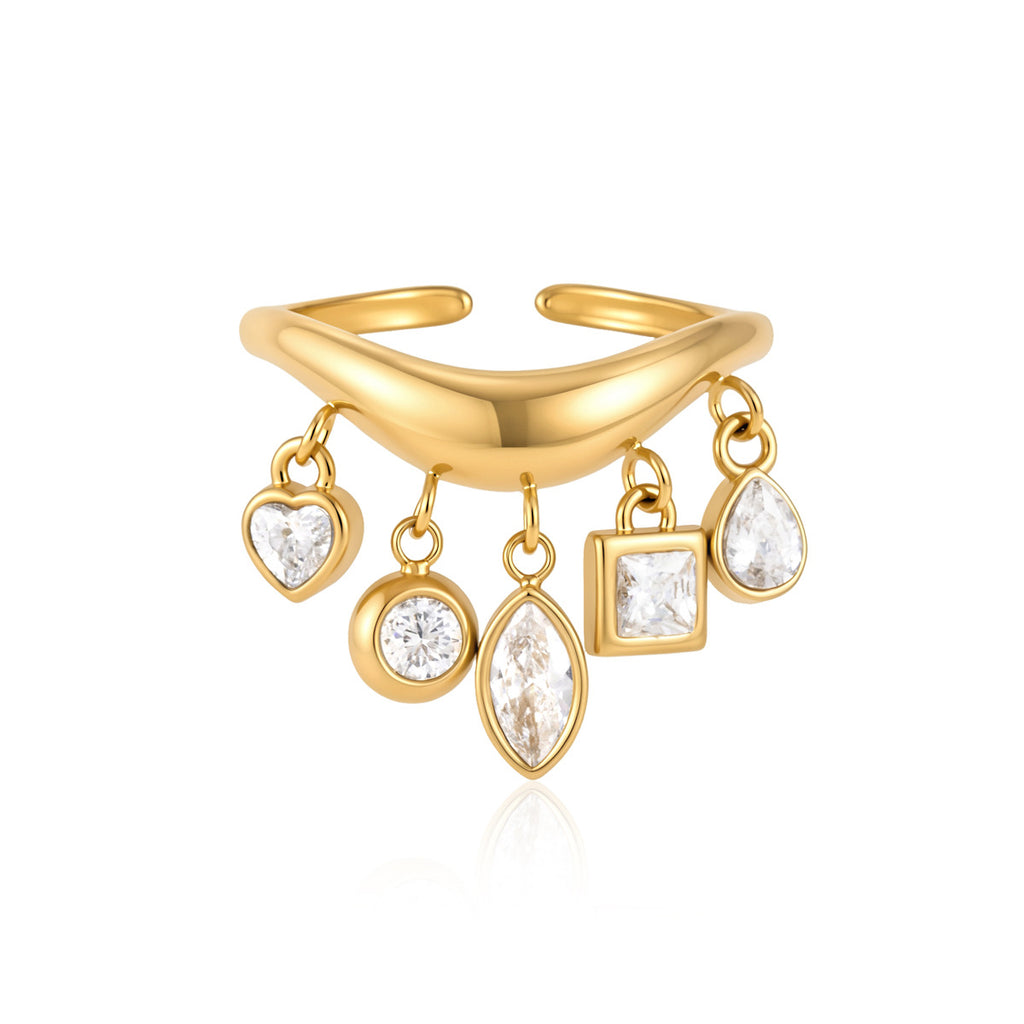 Gold-tone open ring with heart round marquise square and pear charms