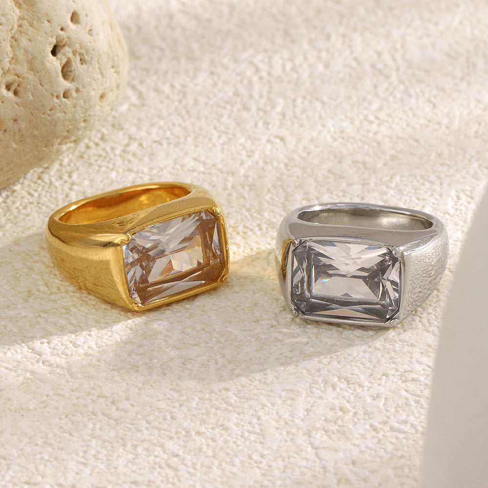 two-finish stainless steel cocktail rings with large faceted stones