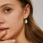 blue glass cabochon drop earrings worn with post backs
