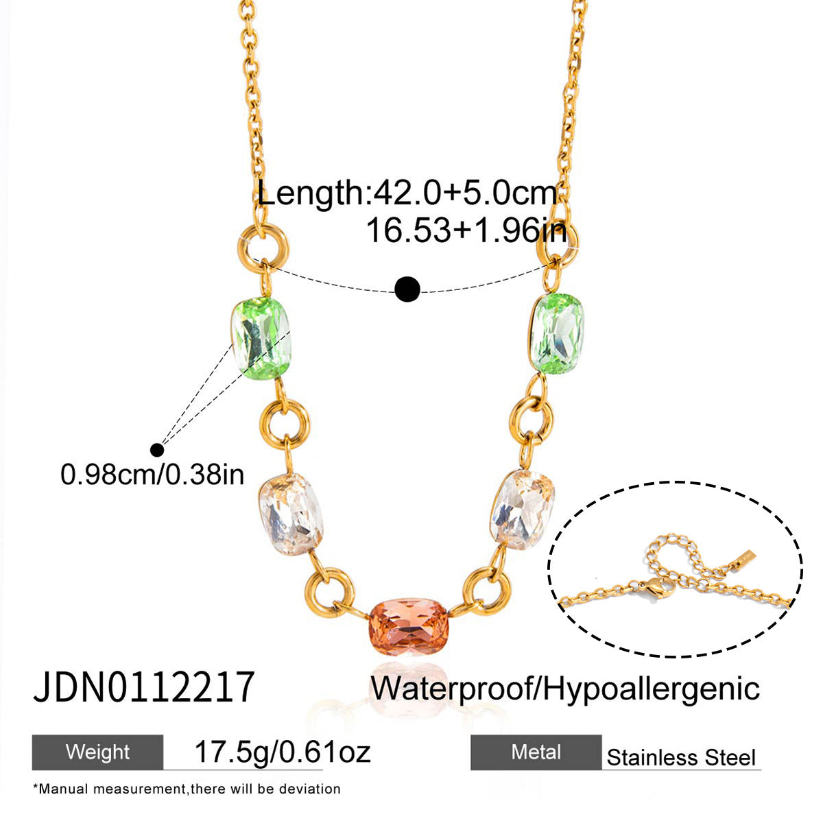 Pastel stone necklace dimension image showing 42 cm length plus 5 cm extension