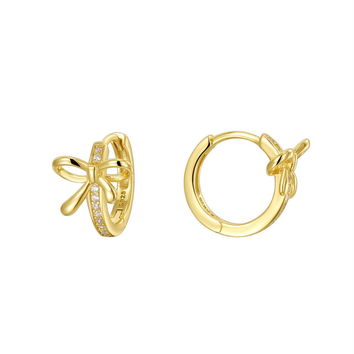 925 Sterling Silver Bow Zirconia Huggie Hoop Earrings — gold bow front and hoop profile