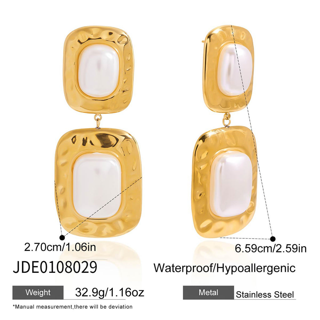 Gold Tone Pearl-Look Stainless Steel Double Drop Earrings — profile and material reference