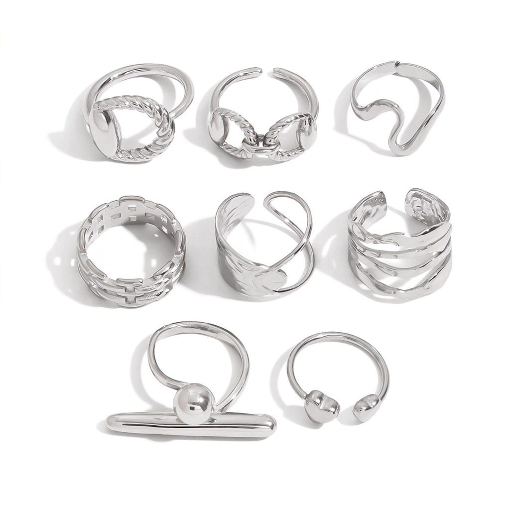 Silver-Finish Sculptural Stainless Steel Open Ring Collection finish and shape detail