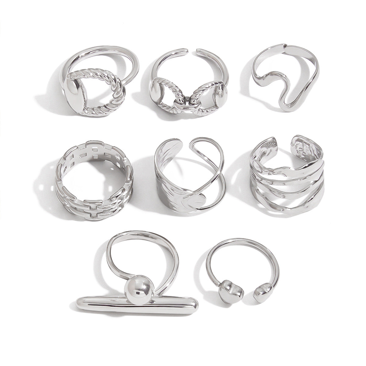 Silver-Finish Sculptural Stainless Steel Open Ring Collection finish and shape detail