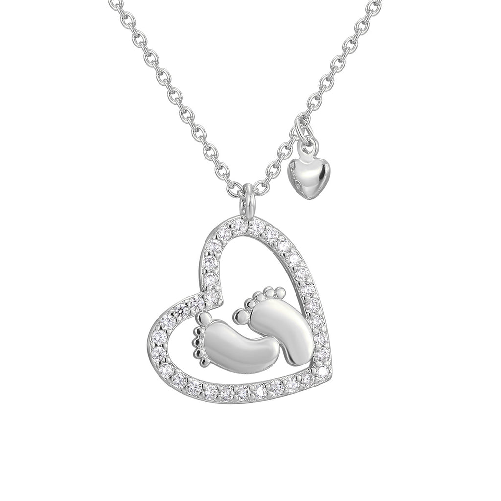 isolated silver-finish baby footprint heart pendant necklace