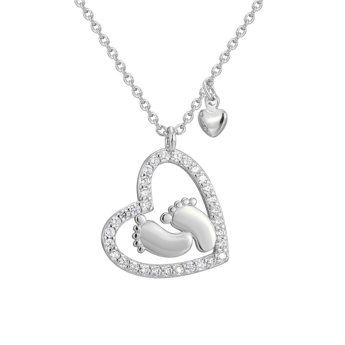 isolated silver-finish baby footprint heart pendant necklace