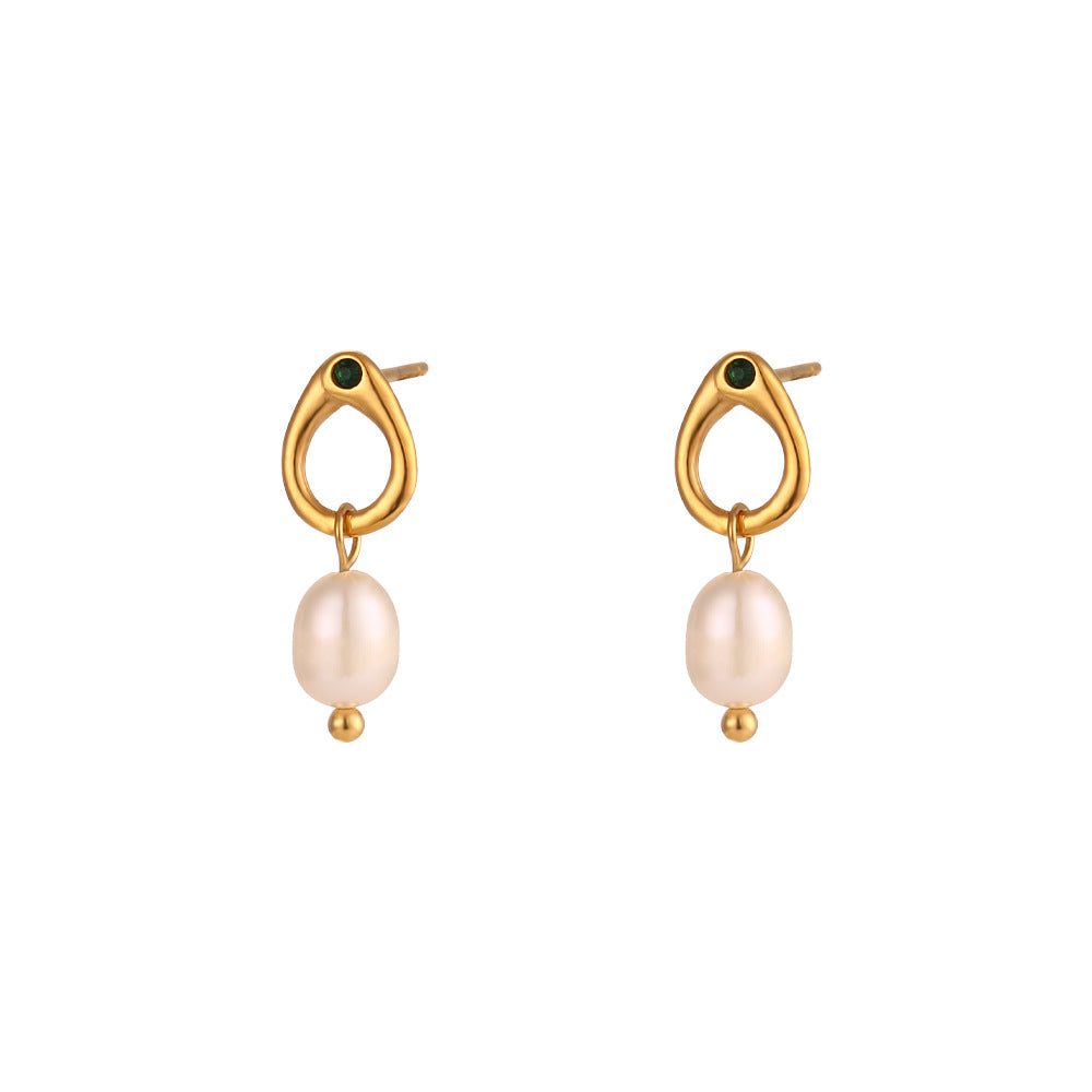 Stainless steel green stone pearl drop earrings, front product view